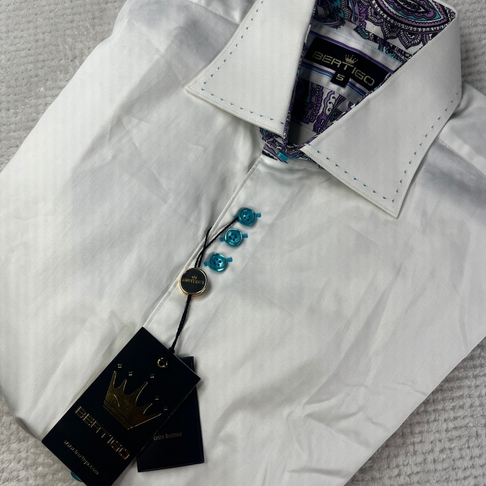 Bertigo Alex/05 Mens White Button Down Shirt Paisley Cuffs Turquoise Size 5